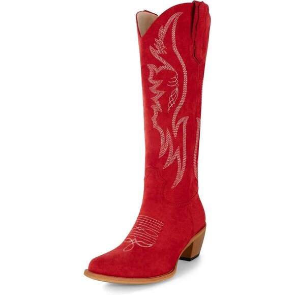 Shoes - Women's Faux Suede Pointed Heeled Western Wide Calf Embroidered Red Boots